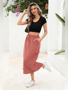 Sueani Cargo Midi Skirt Womens Large Rust Brownish Red Drawstring High Waist